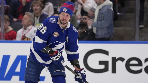 Feb 2, 2024; Toronto, Ontario, CANADA; Tampa Bay Lightning right wing Nikita Kucherov (86) during the passing competition of the NHL All-Star Skills Competition at Scotiabank Arena. Mandatory Credit: John E. Sokolowski-USA TODAY Sports
